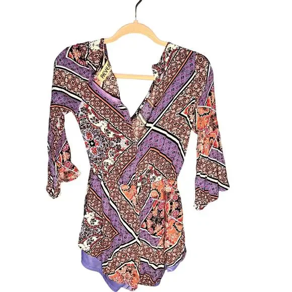 Reverse Pink and Blue Floral Romper Size Small Bell Sleeves V Neck - Picture 5 of 7